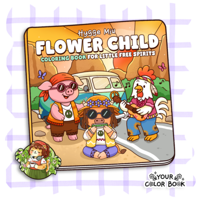 Flower Child Coloring Book - Hippie Animals, Groovy Outfits, Peace Sign Illustrations