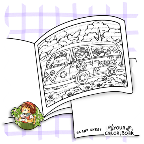 Flower Child Coloring Book - Hippie Animals, Groovy Outfits, Peace Sign Illustrations