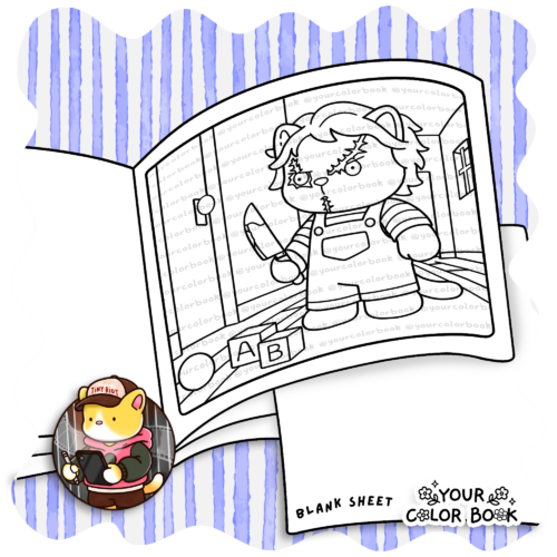 Cute and Spooky Coloring Book with Sweet Animal Companions in Horror Movie Parody Scenes