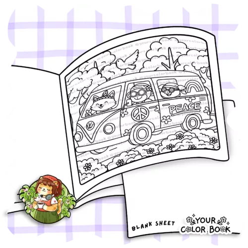 Flower Child Coloring Book - Hippie Animals, Groovy Outfits, Peace Sign Illustrations